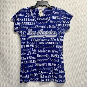sweet gisele / blue and white sequined los angeles destination graphic tee